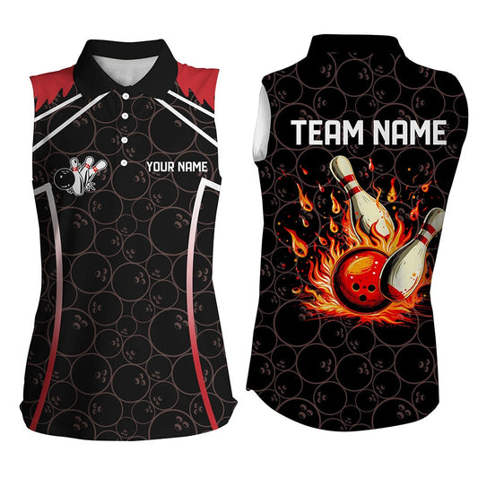 Black Camo Bowling League Polo For Women Custom Retro Flame Sleeveless Polo Shirts For Bowler Red, Women Bowling Shirts