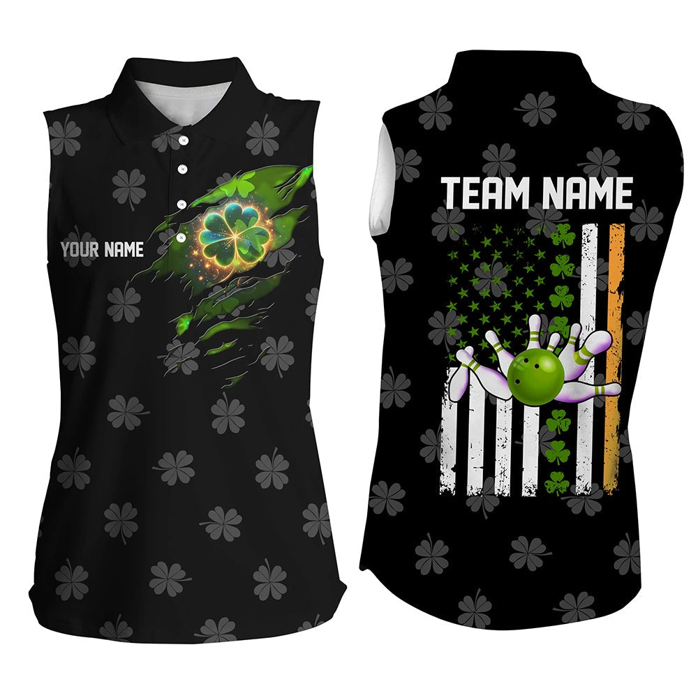 Black Camo Clovers American Flag Women Sleeveless Polo Shirt Custom St Patrick Day Team Bowling Polo, Women Bowling Shirts