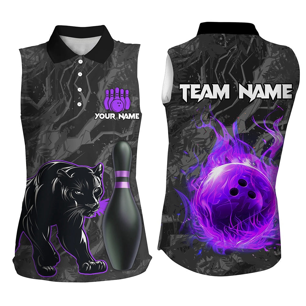 Black Camo Panther Purple Flame Bowling Sleeveless Polo Shirts Custom Bowling Team League Polo, Women Bowling Shirts