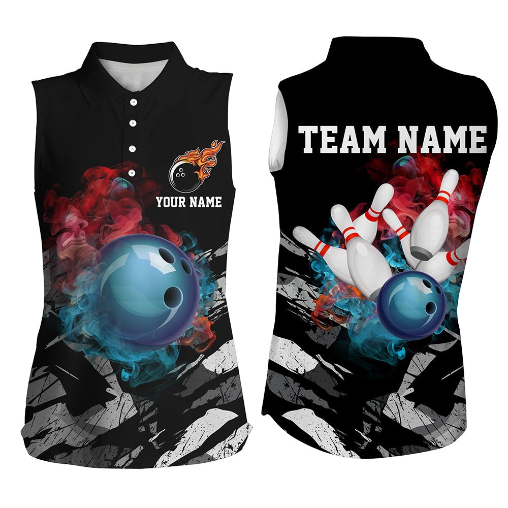 Black Camo Smoke Bowling Ball Pins Custom Women Bowling Sleeveless Polo Shirts, Team Bowling Polo, Women Bowling Shirts