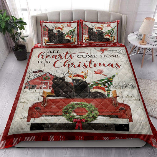 Black Cat With Truckmas Tree Snowflake Farmho Use Red Plaid Bedding Set, Christmas Beddings, Xmas Bedding Sets