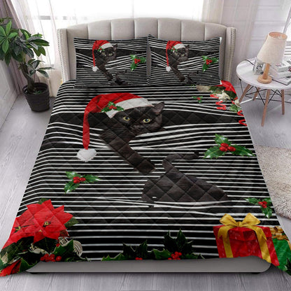Black Catmas Striped With Santa Hat And Holy Berry Snowflake Bedding Set, Christmas Beddings, Xmas Bedding Sets