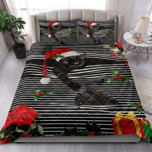 Black Catmas Striped With Santa Hat And Holy Berry Snowflake Bedding Set, Christmas Beddings, Xmas Bedding Sets