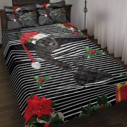 Black Catmas Striped With Santa Hat And Holy Berry Snowflake Bedding Set, Christmas Beddings, Xmas Bedding Sets