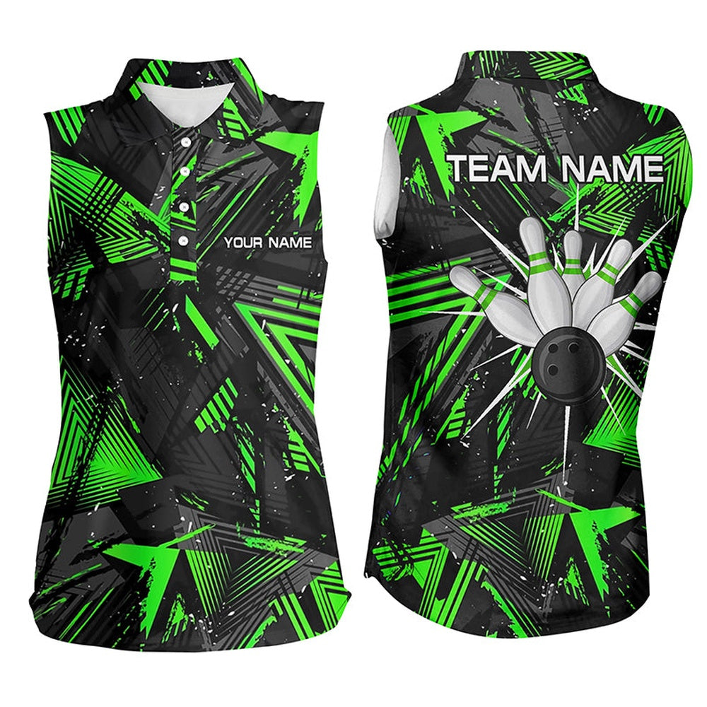 Black Green Camo Bowling Sleeveless Polo Shirt For Women, Personalized Bowling Team Shirts Polo, Women Bowling Shirts