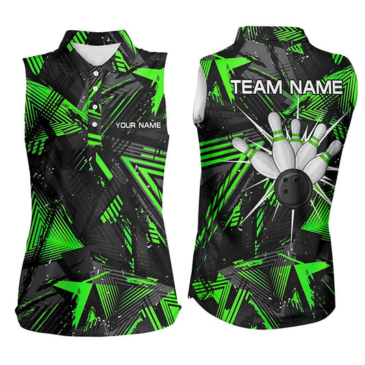 Black Green Camo Bowling Sleeveless Polo Shirt For Women, Personalized Bowling Team Shirts Polo, Women Bowling Shirts