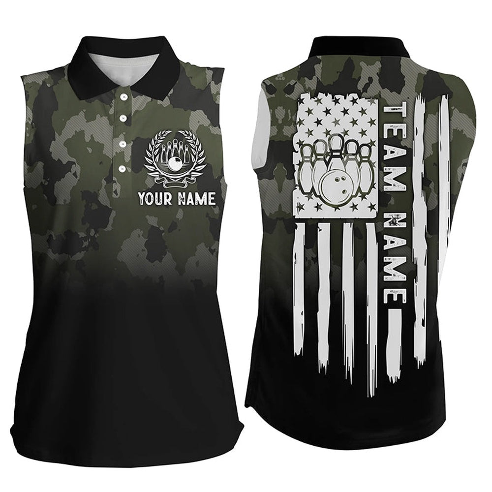 Black Green Camo Women Sleeveless Polo Shirts Custom American Flag Patriotic Bowling Team Polo, Women Bowling Shirts