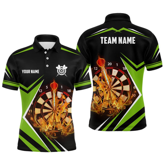 Black Green Fire Flame Mens Darts Polo Shirt Custom Darts Shirt For Men Dart Polo, Darts Team Polo Shirt