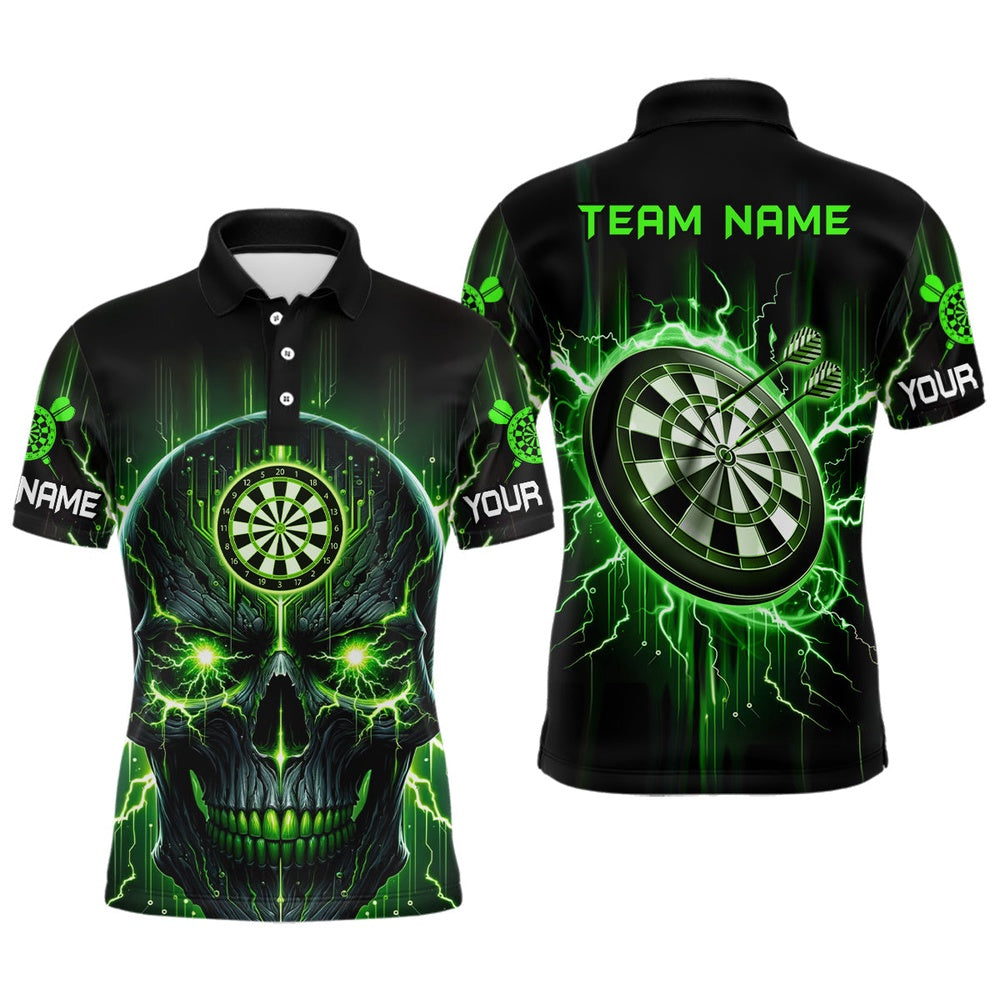 Black Green Skull Mens Darts Polo Shirt Custom Scary Darts Shirt For Men Dart Polo, Darts Team Polo Shirt