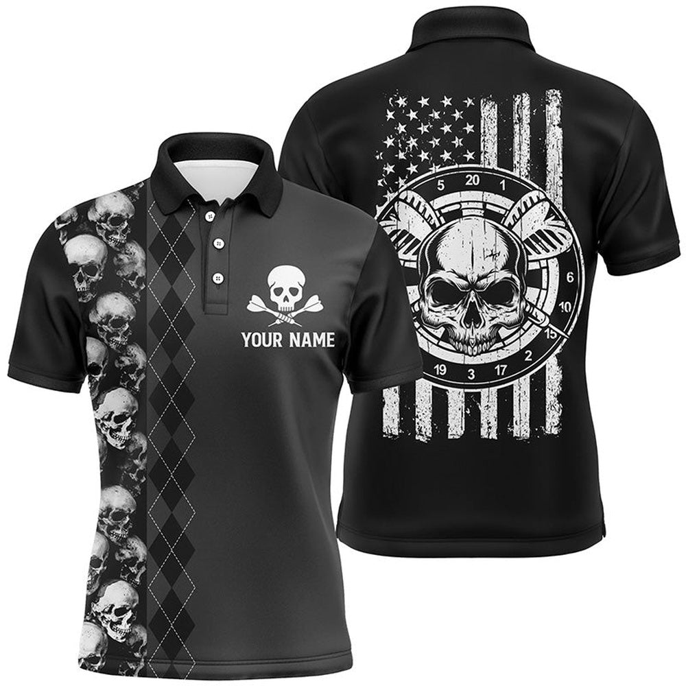 Black Grey Argyle Skull Mens Darts Shirt American Flag Patriotic Darts Polo For Men, Darts Team Polo Shirt