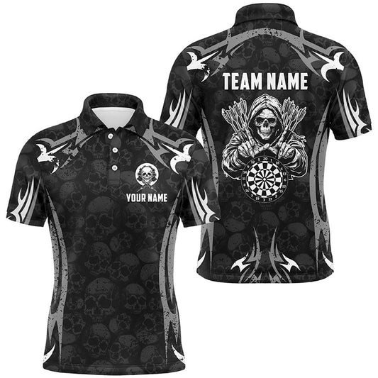 Black Grey Death Skeleton Skull Pattern Custom Darts Shirts For Men, Scary Darts Team Polo, Darts Team Polo Shirt