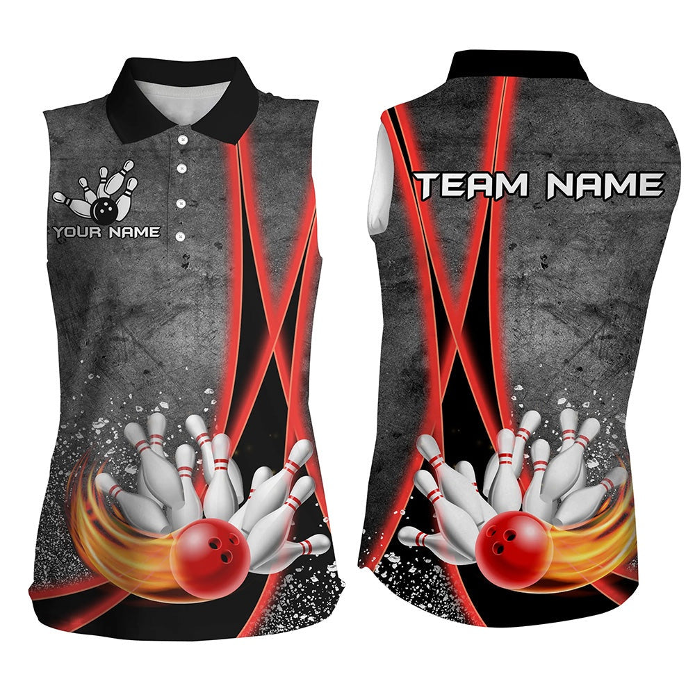 Black Grunge Custom Flame Bowling Sleeveless Polo Shirts, Personalized Bowling Team Polo Red, Women Bowling Shirts