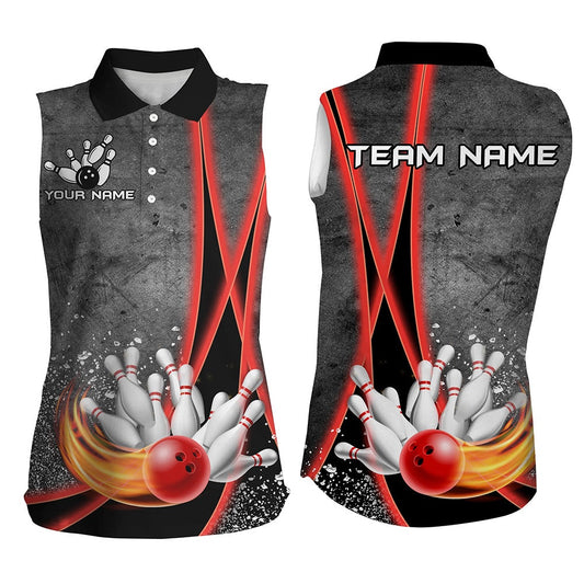 Black Grunge Custom Flame Bowling Sleeveless Polo Shirts, Personalized Bowling Team Polo Red, Women Bowling Shirts