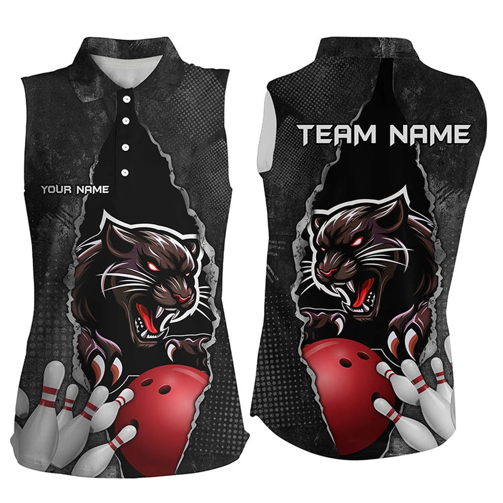 Black Grunge Pattern Custom Womens Sleeveless Polo Shirts Panther Bowling Team Polo Outfits, Women Bowling Shirts