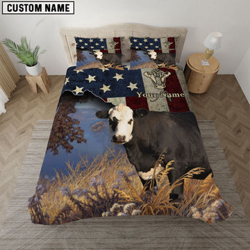 Black Hereford America Customized Name Bedding Set, Farm Bedding Set, Farmhouse Bedding Set