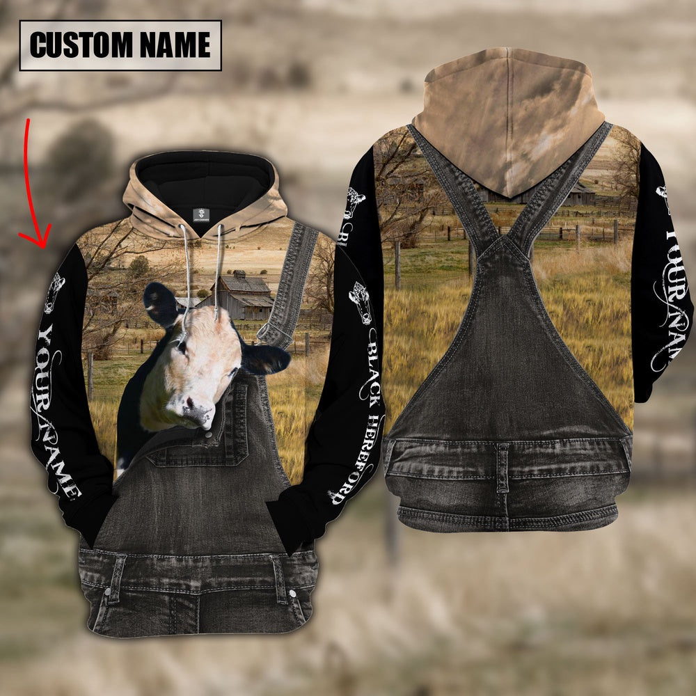 Black Hereford Custom Name Overalls Hoodie, Farmer Hoodie, Custom Farm Shirts, Farmer T Shirt