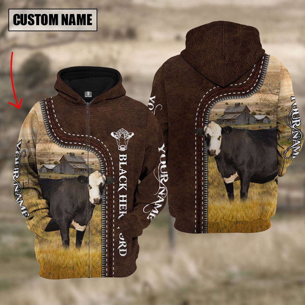 Black Hereford Farming Leather Pattern Personalized 3D Hoodie, Farmer Hoodie, Custom Farm Shirts, Farmer T Shirt