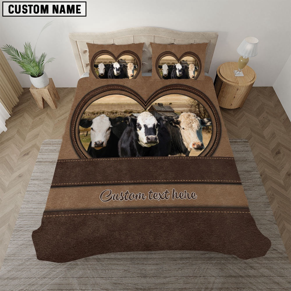 Black Hereford In Heart Custom Name Bedding Set, Farm Bedding Set, Farmhouse Bedding Set
