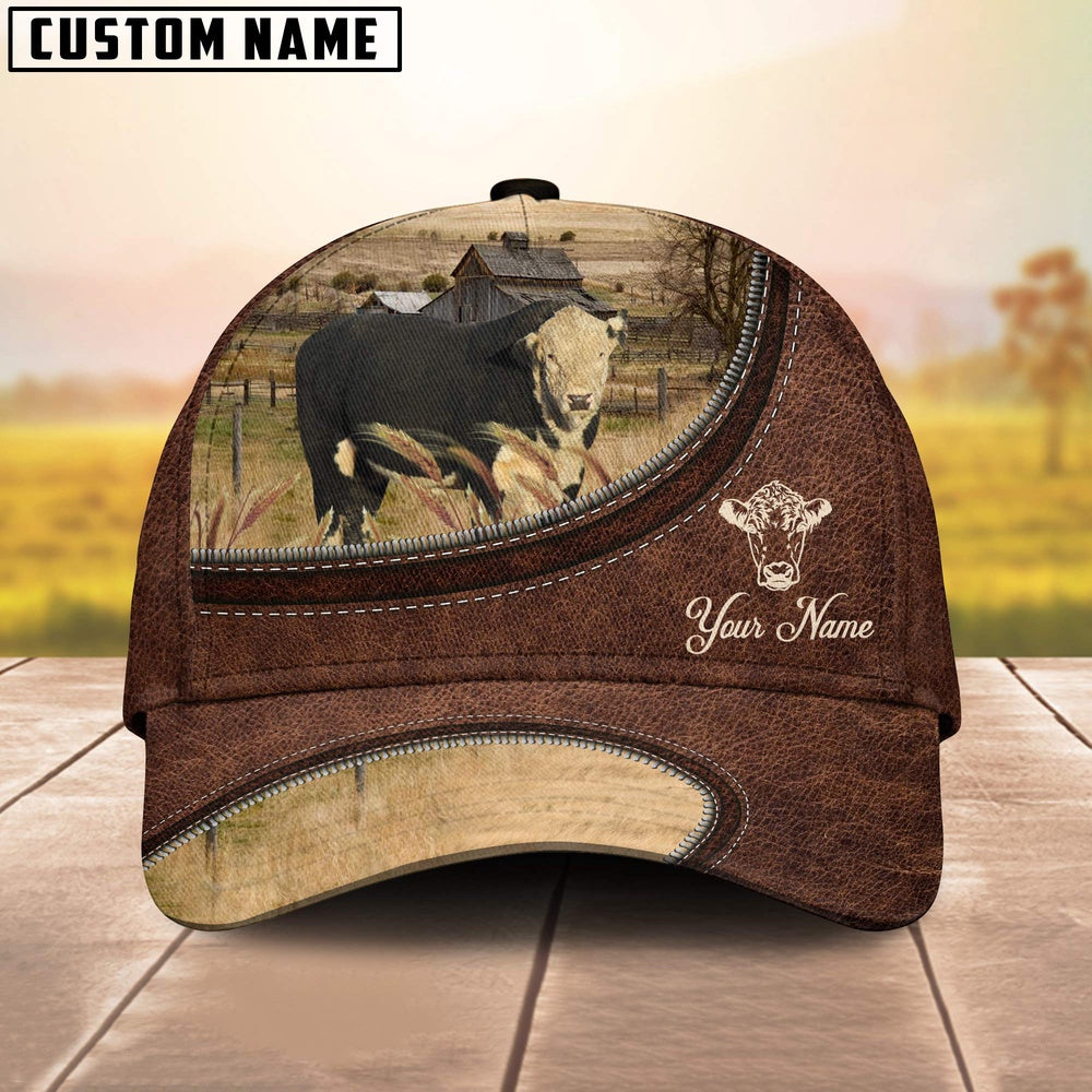 Black Hereford On The Farm Customized Name Leather Pattern Cap, Farmer Cap, Vintage Farmer Hat, Mens Farmer Hats, Cap For Farmers