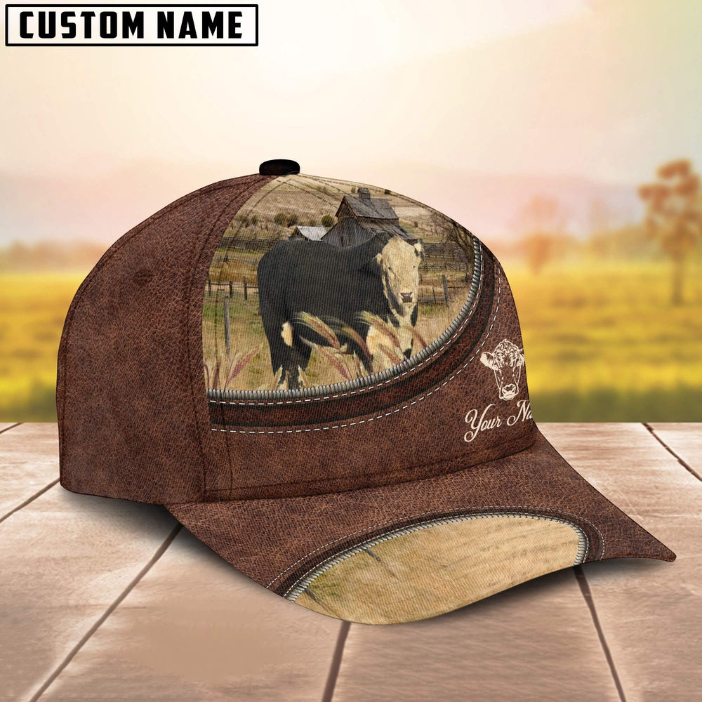 Black Hereford On The Farm Customized Name Leather Pattern Cap, Farmer Cap, Vintage Farmer Hat, Mens Farmer Hats, Cap For Farmers