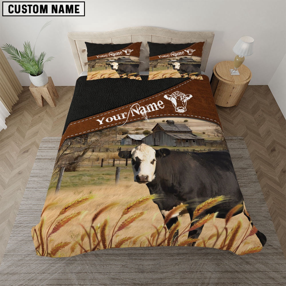 Black Hereford On The Field Customized Name Bedding Set, Farm Bedding Set, Farmhouse Bedding Set