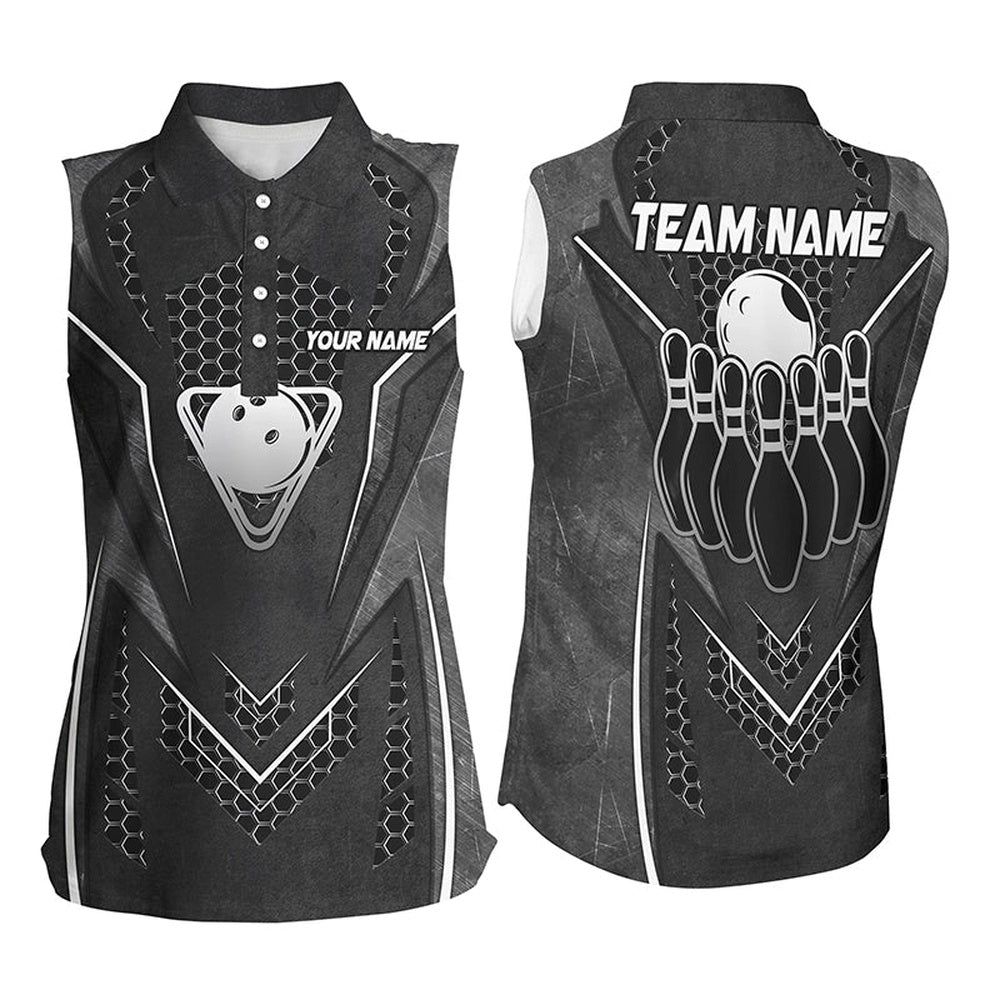 Black Hexagon Pattern Bowling Women Sleeveless Polo Shirts Custom Team Bowling League Polo, Women Bowling Shirts