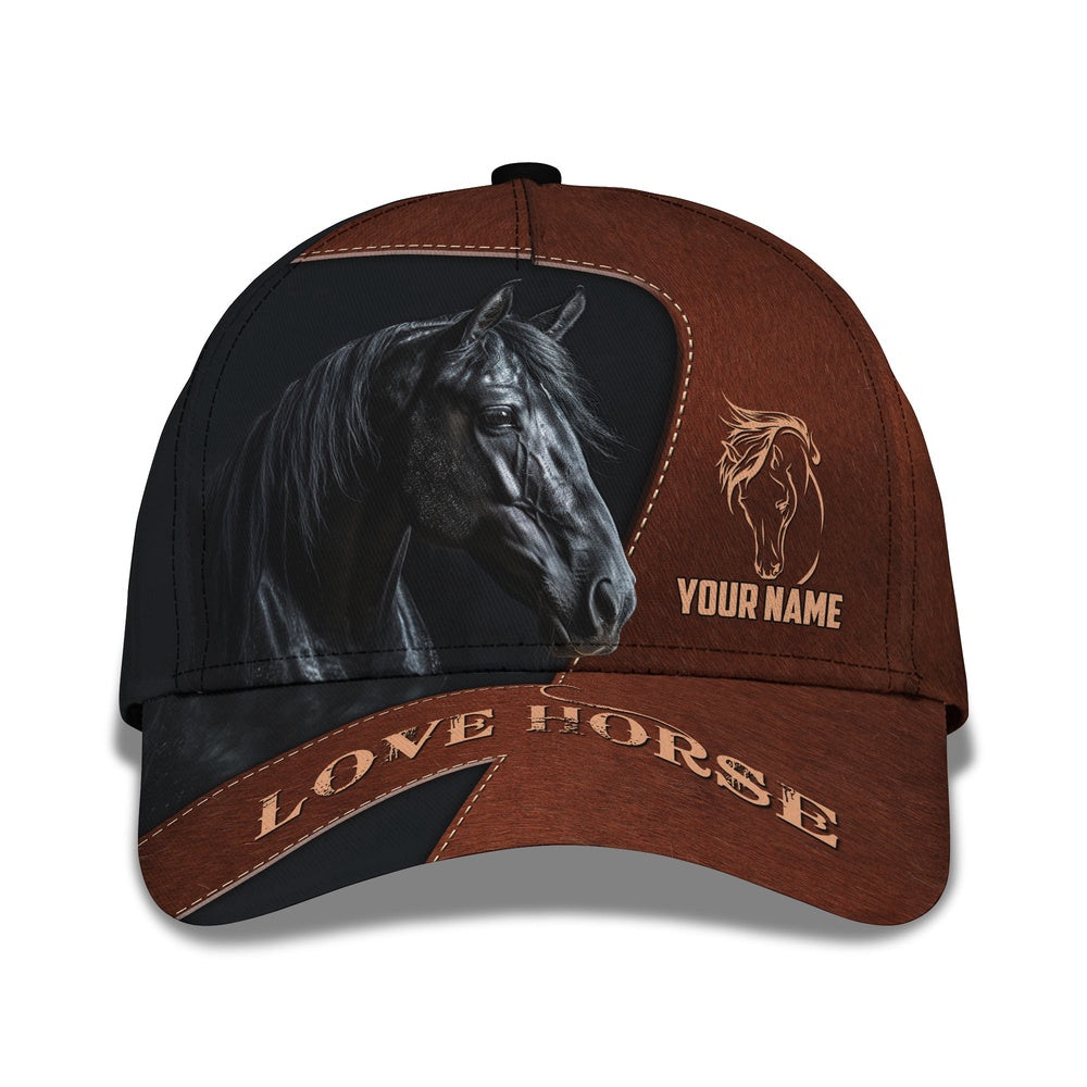 Black Horse Brown Leather Pattern Customized Name Cap, Farmer Cap, Vintage Farmer Hat, Mens Farmer Hats, Cap For Farmers