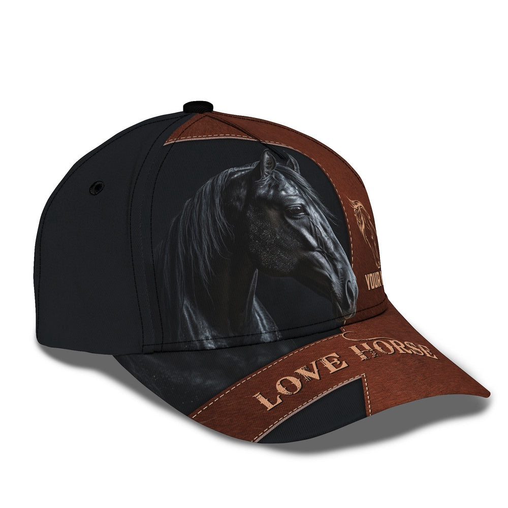 Black Horse Brown Leather Pattern Customized Name Cap, Farmer Cap, Vintage Farmer Hat, Mens Farmer Hats, Cap For Farmers