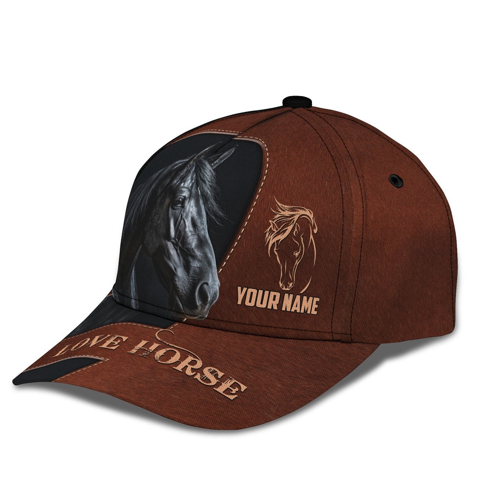 Black Horse Brown Leather Pattern Customized Name Cap, Farmer Cap, Vintage Farmer Hat, Mens Farmer Hats, Cap For Farmers