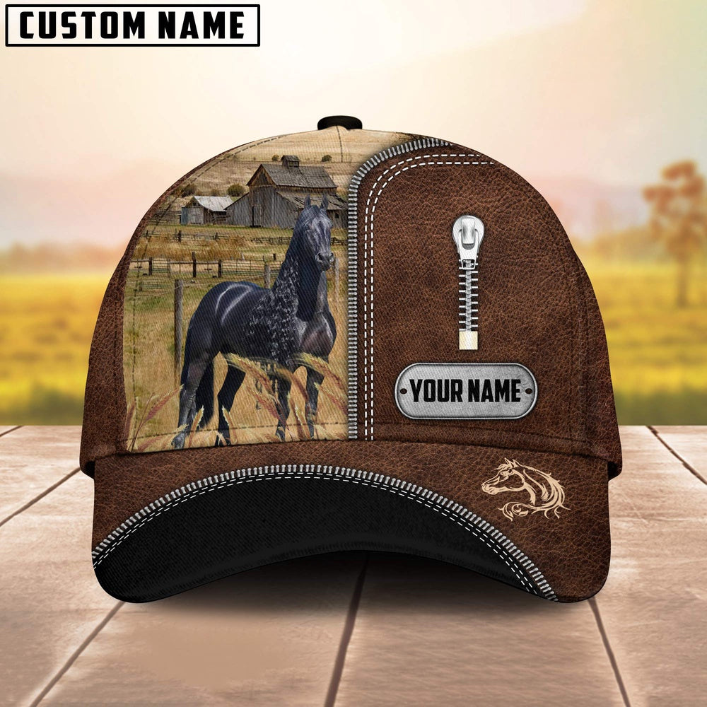 Black Horse Leather Zip Pattern Customized Name Cap, Farmer Cap, Vintage Farmer Hat, Mens Farmer Hats, Cap For Farmers