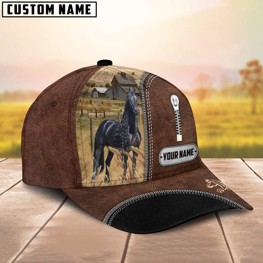 Black Horse Leather Zip Pattern Customized Name Cap, Farmer Cap, Vintage Farmer Hat, Mens Farmer Hats, Cap For Farmers