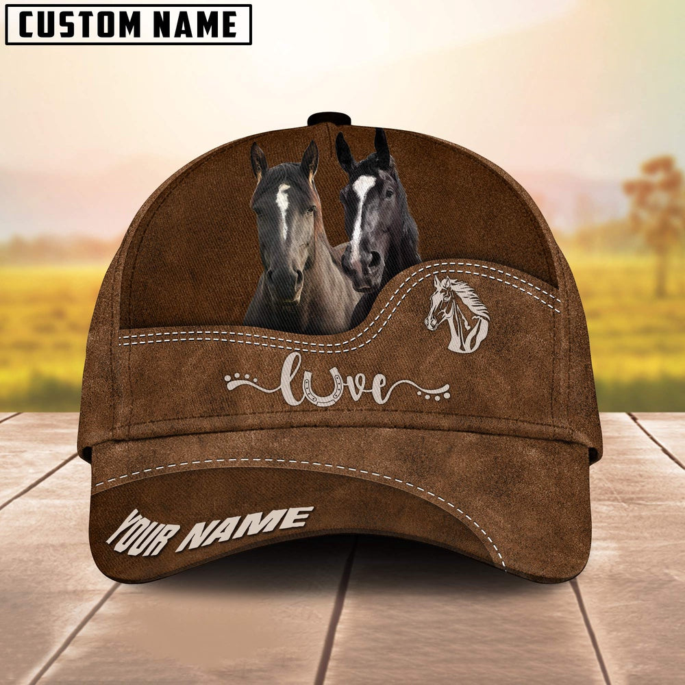 Black Horse Love Leather Pattern Customized Name Cap, Farmer Cap, Vintage Farmer Hat, Mens Farmer Hats, Cap For Farmers