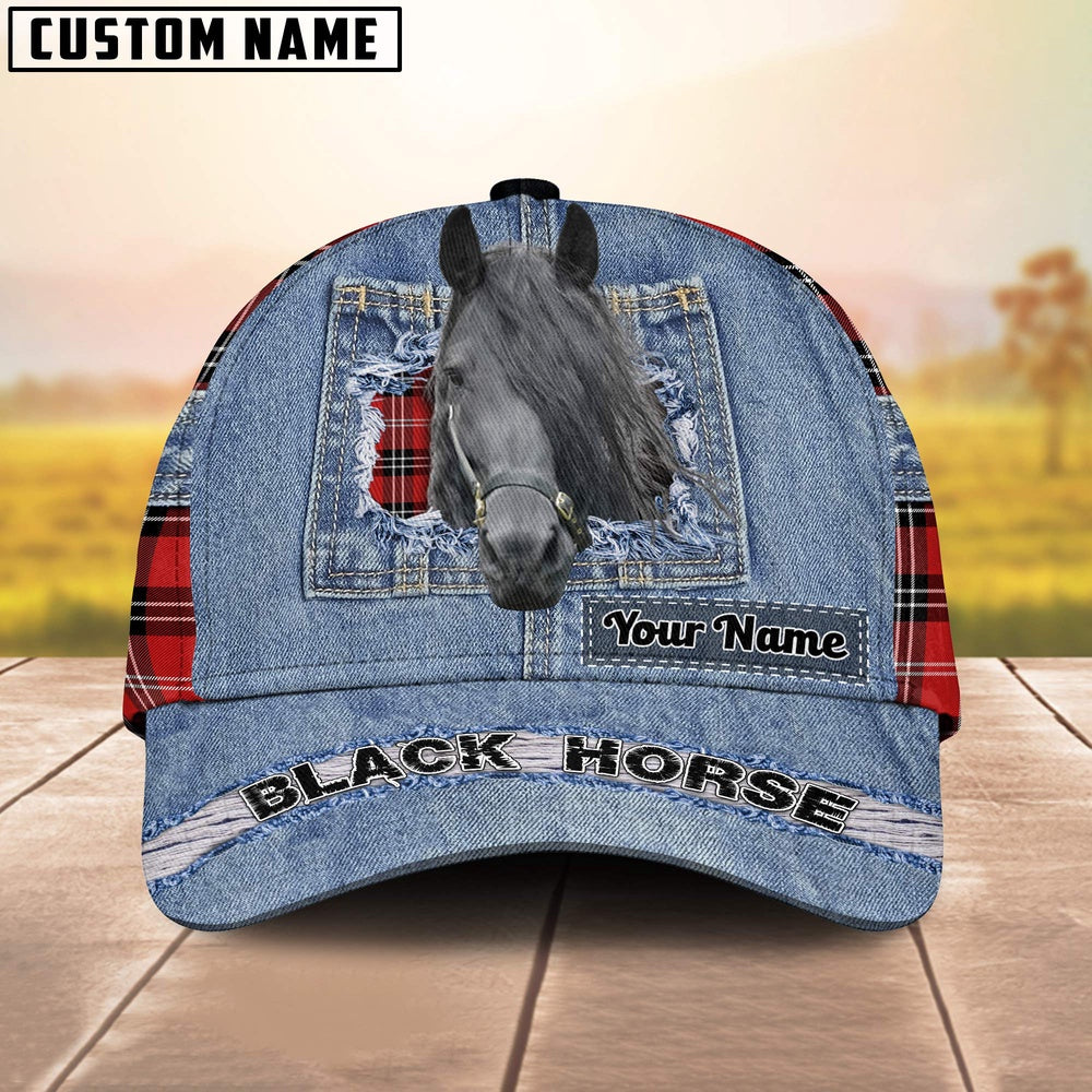 Black Horse Overall Jeans Pattern And Red Caro Pattern Customized Name Cap, Farmer Cap, Vintage Farmer Hat, Mens Farmer Hats, Cap For Farmers