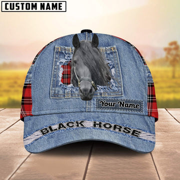 Black Horse Overall Jeans Pattern And Red Caro Pattern Customized Name Cap, Farmer Cap, Vintage Farmer Hat, Mens Farmer Hats, Cap For Farmers
