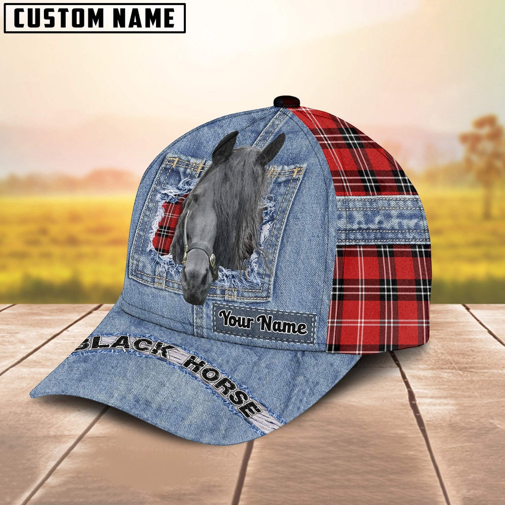 Black Horse Overall Jeans Pattern And Red Caro Pattern Customized Name Cap, Farmer Cap, Vintage Farmer Hat, Mens Farmer Hats, Cap For Farmers