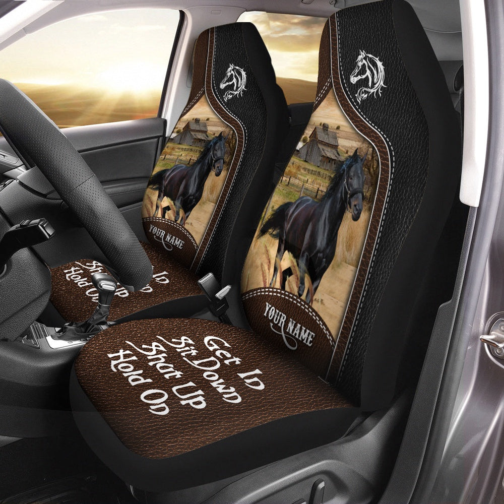 Black Horse Personalized Name Black And Brown Leather Pattern Car Seat Cover, Car Seat Cover, Farm Car Seat Cover, Pet Seat Covers