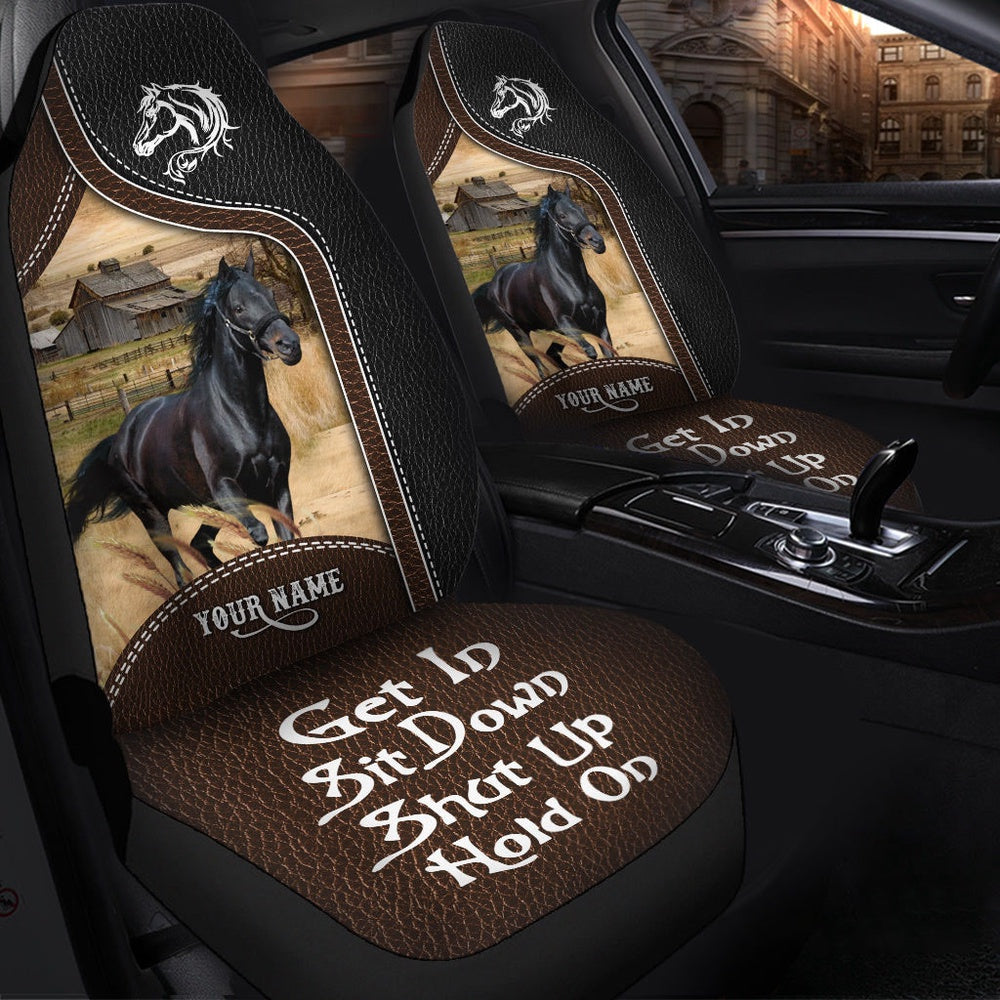Black Horse Personalized Name Black And Brown Leather Pattern Car Seat Cover, Car Seat Cover, Farm Car Seat Cover, Pet Seat Covers