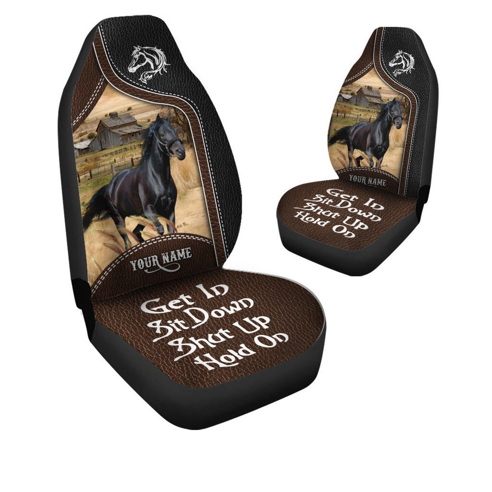 Black Horse Personalized Name Black And Brown Leather Pattern Car Seat Cover, Car Seat Cover, Farm Car Seat Cover, Pet Seat Covers