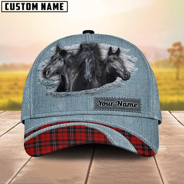 Black Horse Red Caro And Jeans Pattern Customized Name Cap, Farmer Cap, Vintage Farmer Hat, Mens Farmer Hats, Cap For Farmers