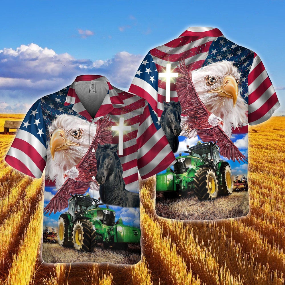 Black Horse With Eagles And Tractor Hawaiian Shirt, Farm Hawaiian Shirt, Farmer Hawaii