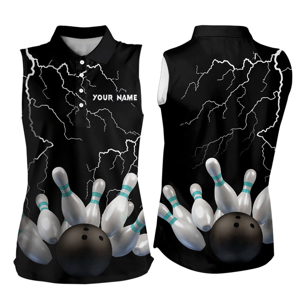 Black Lightning Thunder Custom Women Sleeveless Polo Shirt Bowling Ball Pins Team Polo, Women Bowling Shirts