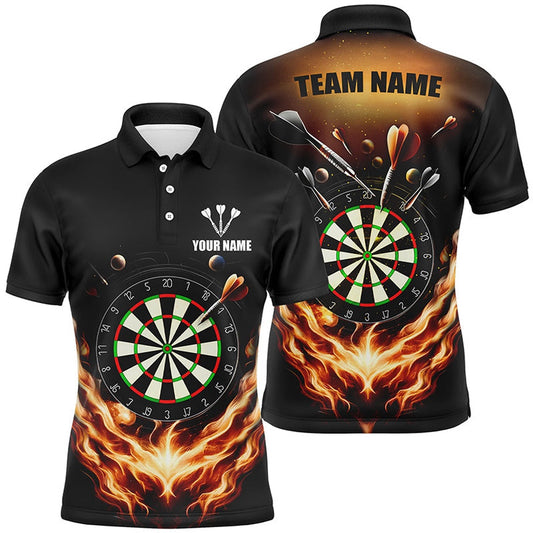 Black Orange Fire Flame Mens Darts Polo Shirt Custom Darts Shirt For Men Dart Polo, Darts Team Polo Shirt