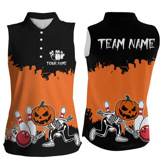 Black & Orange Funny Pumpkin Skull Bowling Sleeveless Polo Shirt Custom Halloween Team Bowling Polo, Women Bowling Shirts