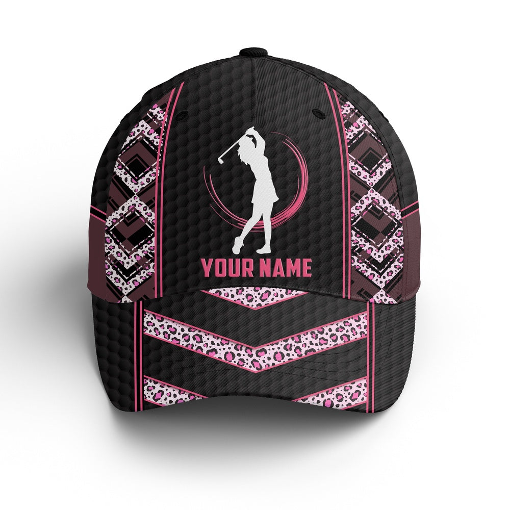 Black & Pink Leopard Pattern Golf Hat Custom Name Baseball Golf Cap Hat, Golfer Gifts, Golf Baseball Cap