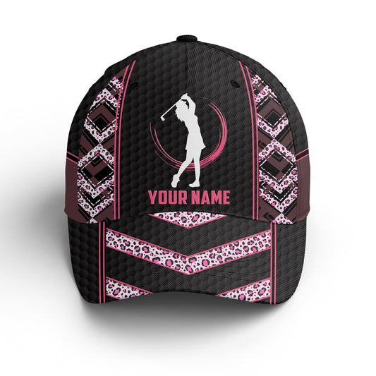 Black & Pink Leopard Pattern Golf Hat Custom Name Baseball Golf Cap Hat, Golfer Gifts, Golf Baseball Cap