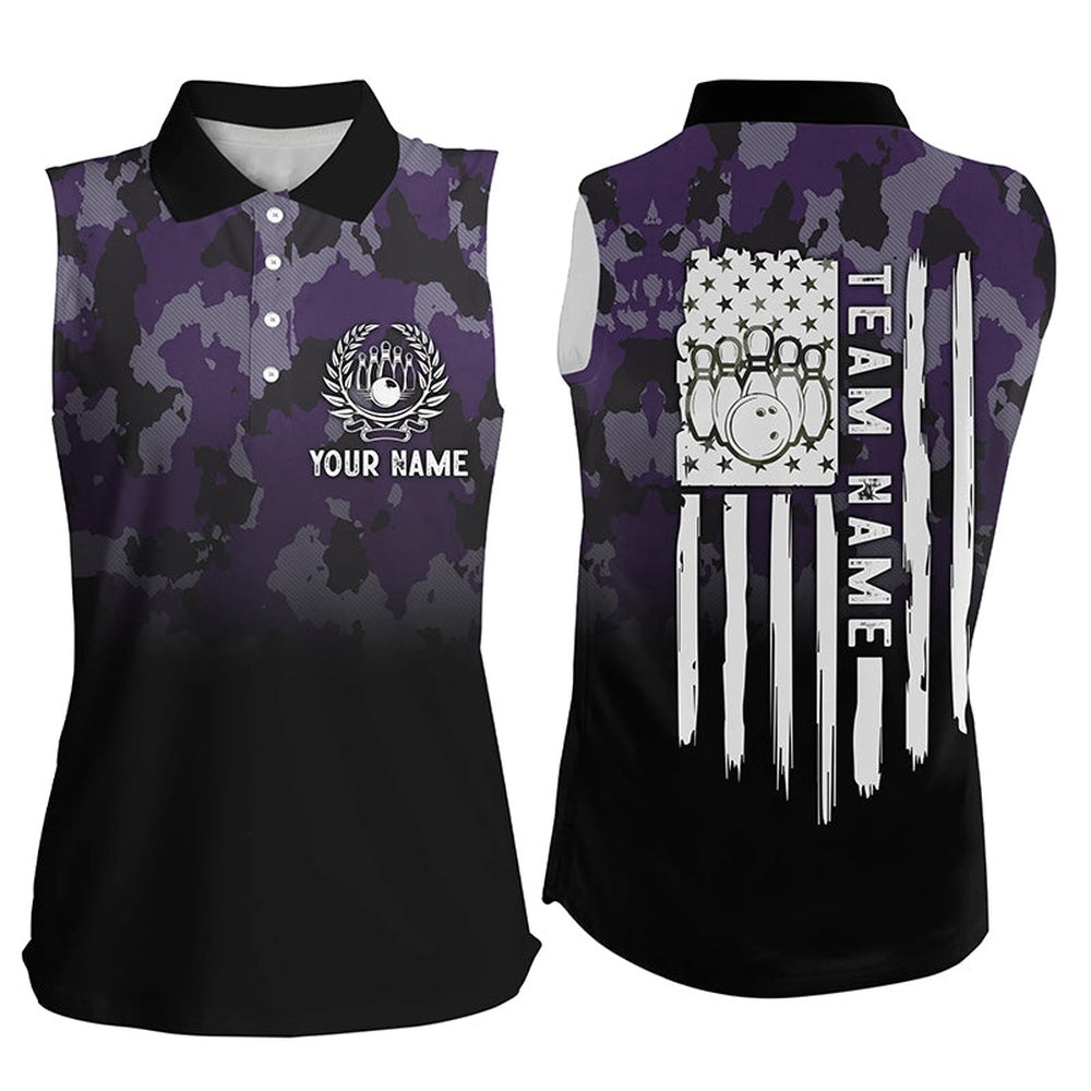 Black Purple Camo Women Sleeveless Polo Shirts Custom American Flag Patriotic Bowling Team Polo, Women Bowling Shirts