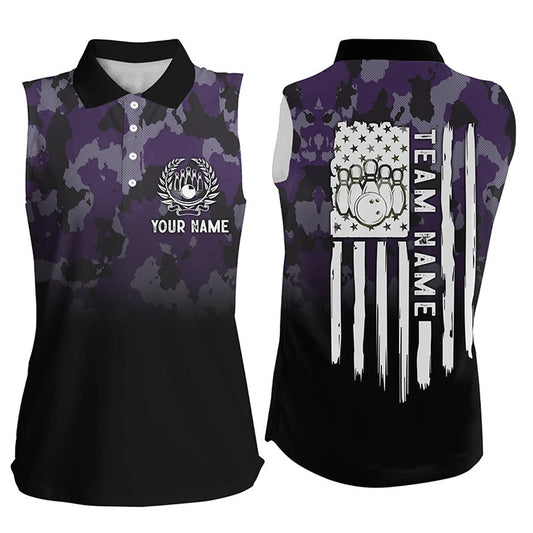 Black Purple Camo Women Sleeveless Polo Shirts Custom American Flag Patriotic Bowling Team Polo, Women Bowling Shirts