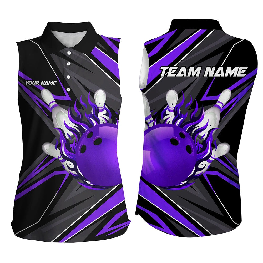 Black Purple Womens Sleeveless Polo Shirts Custom Bowling Ball Pins Flame Bowling Polo For Bowlers, Women Bowling Shirts