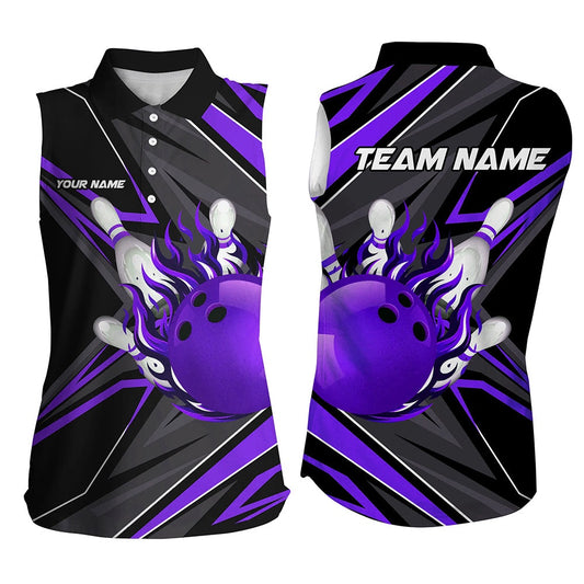 Black Purple Womens Sleeveless Polo Shirts Custom Bowling Ball Pins Flame Bowling Polo For Bowlers, Women Bowling Shirts