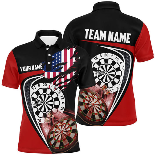 Black Red American Flag Mens Darts Polo Shirt Custom Patriotic Dart Polo For Men, Darts Team Polo Shirt